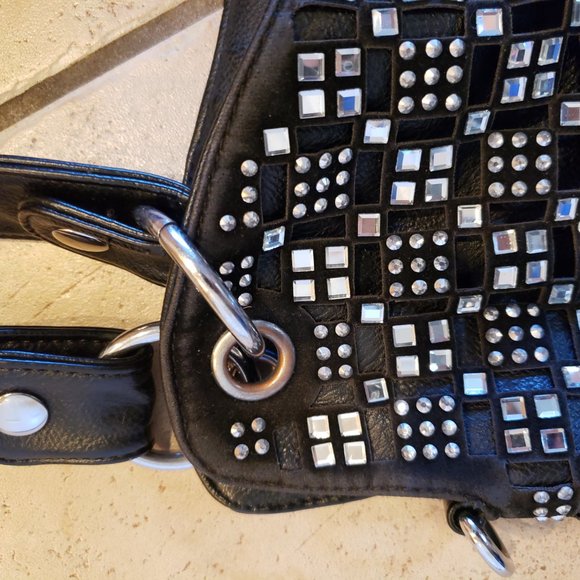 Black Leather Purse With Rhinestone Accents, Geometric Pattern - Picture 4 of 9